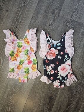 Handmade Baby Girl Ruffle Flutter Swimsuit Set of 2 Tropical Floral 6-12M